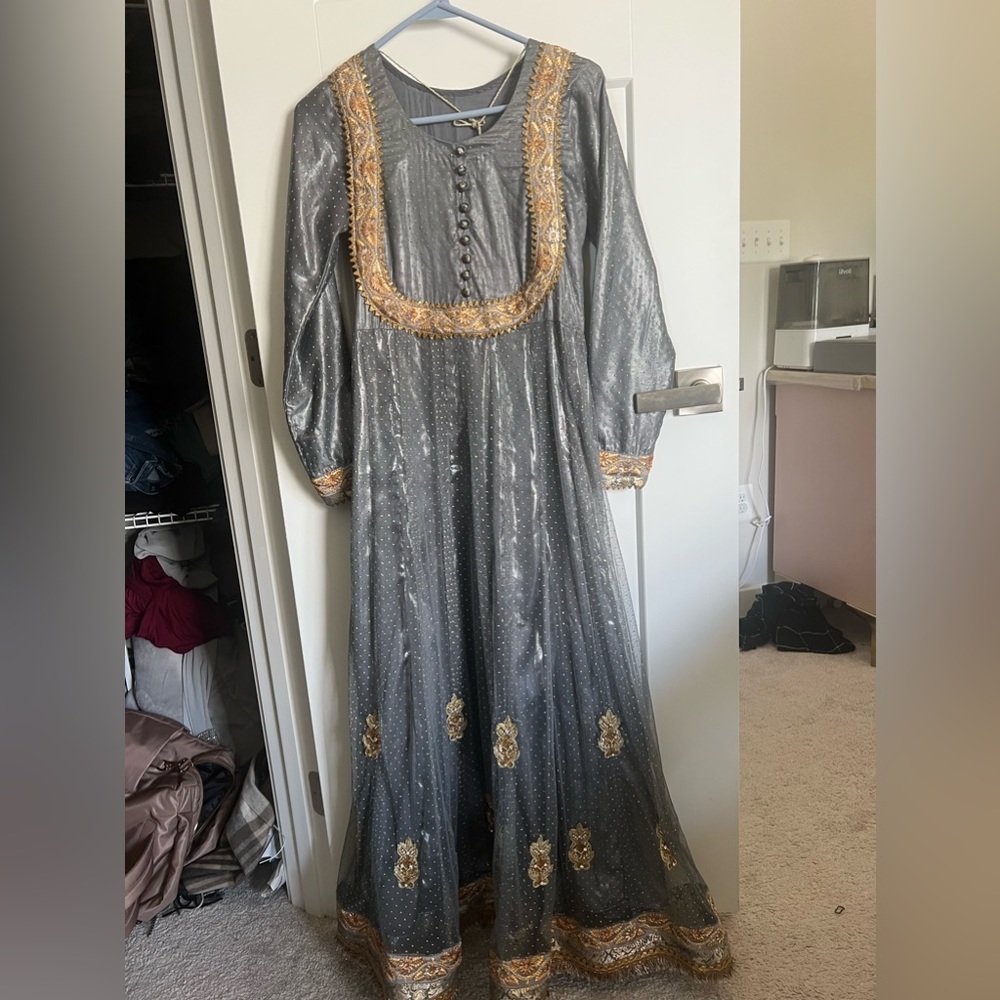 3 piece Anarkali gray and gold dress with kiran and banarsi work